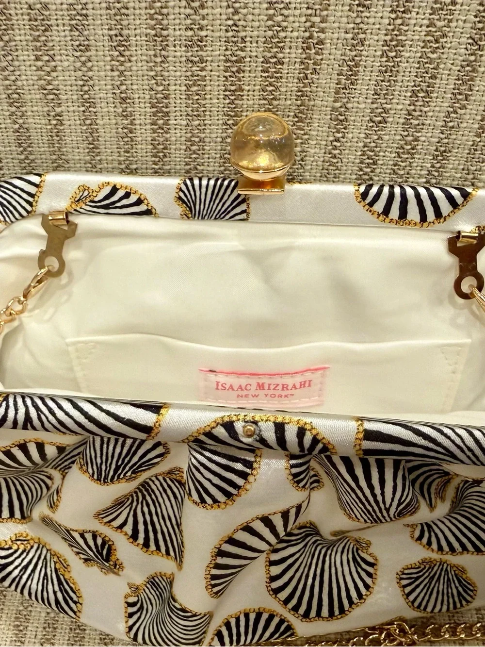 Elegant White Shell-Print Satin Clutch by ISAAC MIZRAHI #elegant #vacation - Picture 3 of 3
